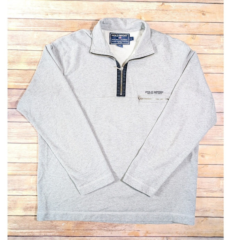 Polo Sport Ralph Lauren Quarter Zip Pullover Mens L Cotton Gray Chest Pocket